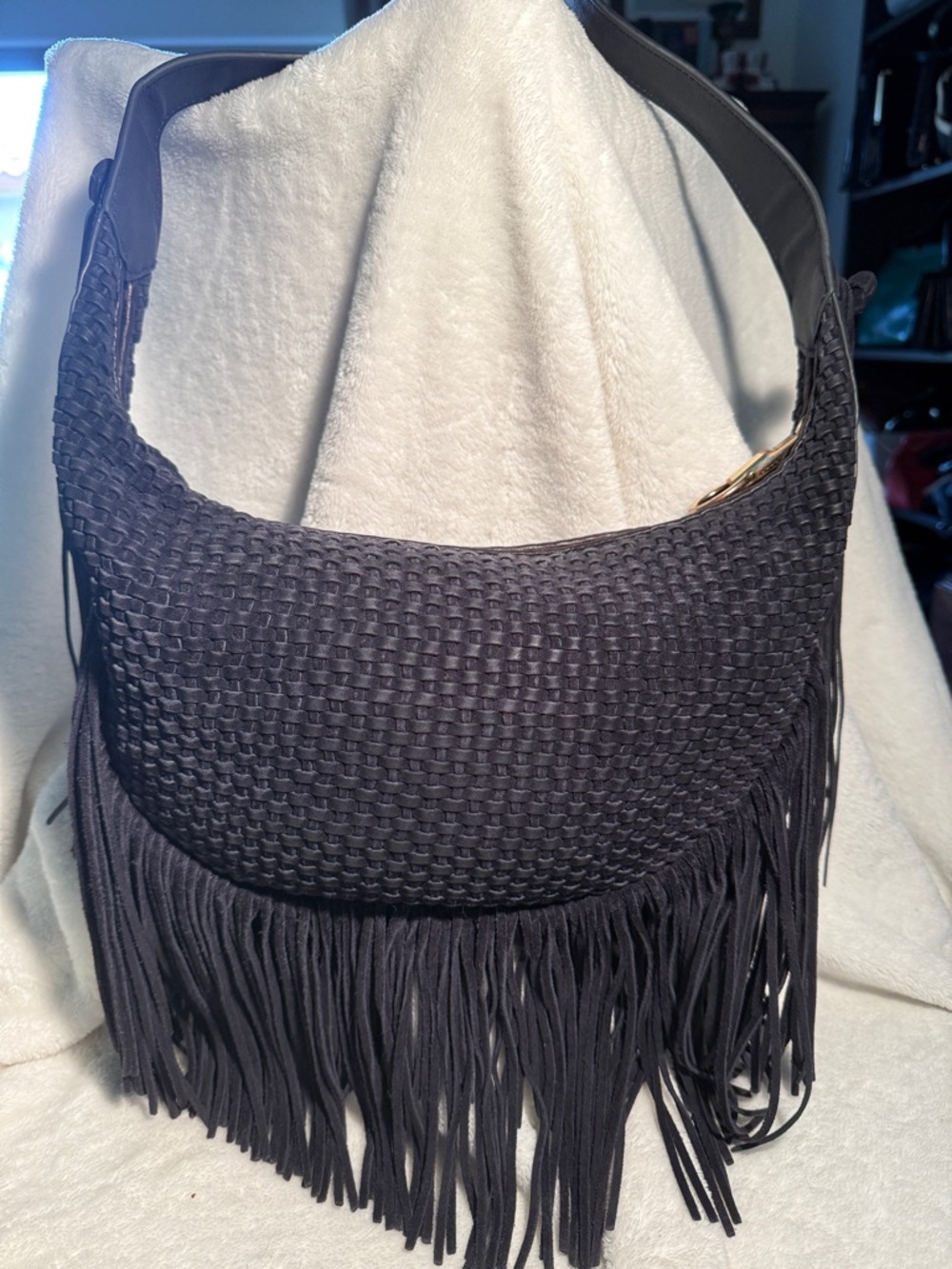 Elizabeth and James Black Suede Woven Fringe Hobo with single strap